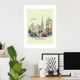 Vintage Watercolor Vienna Austria Tram & Cathedral Poster
