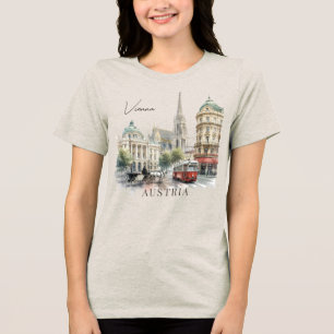 Vintage Watercolor Vienna Austria Tram & Cathedral Tri-Blend Shirt