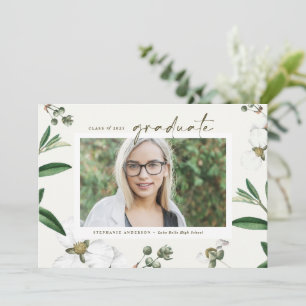 Vintage Watercolor White Flowers Photo Graduation Invitation