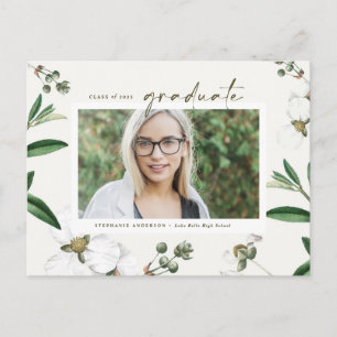 Vintage Watercolor White Flowers Photo Graduation Invitation Postcard
