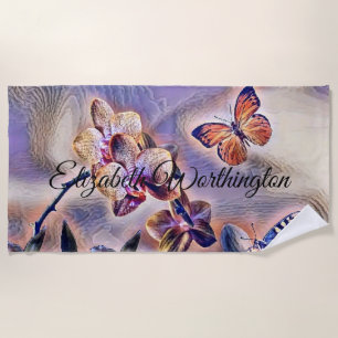Vintage Watercolor White Purple Pink Orchid Flower Beach Towel