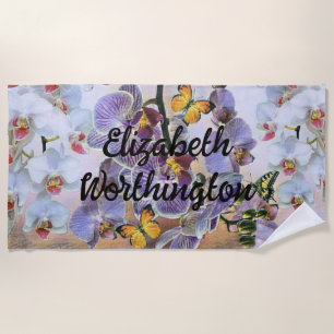 Vintage Watercolor White Purple Pink Orchid Flower Beach Towel
