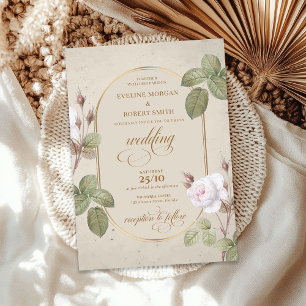Vintage watercolor white rose gold boho arch invitation