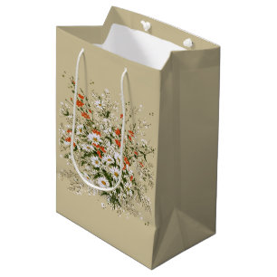 Vintage Watercolor Wildflower Daisy Bouquet Beige  Medium Gift Bag