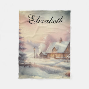 Vintage Watercolor Winter Cottage Snowy Landscape Fleece Blanket