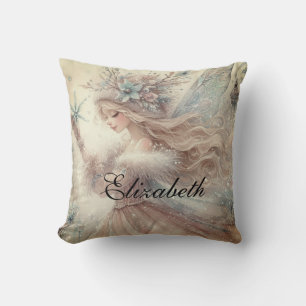 Vintage Watercolor Winter Snow Fairy Fantasy Art Cushion