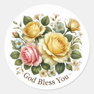 Vintage Watercolor Yellow and Pink Roses "God Bles Classic Round Sticker