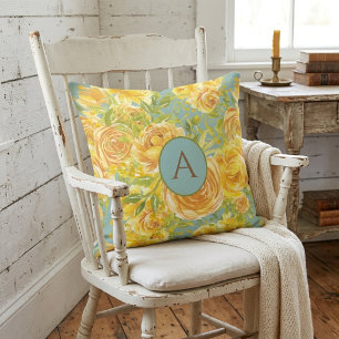 Vintage Watercolor Yellow Monogram Rose Pattern Cushion