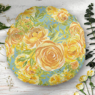 Vintage Watercolor Yellow Rose Pattern Round Cushion