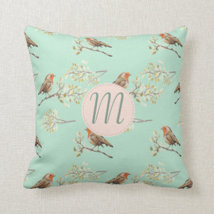 Vintage Watercolour European Robins with Monogram Cushion