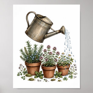 Vintage Watering Can Garden Herbs Botanical Print