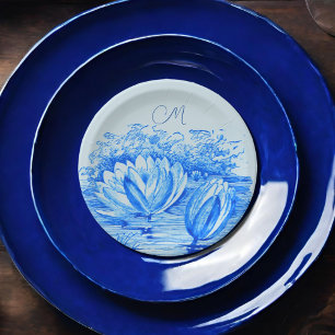 vintage waterlilies - monogrammed blue paper plate
