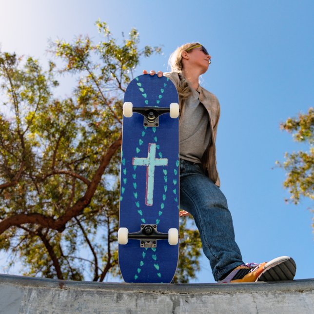 Vintage Wave Pattern and Cross on Skateboard Deck (Outdoor 1)