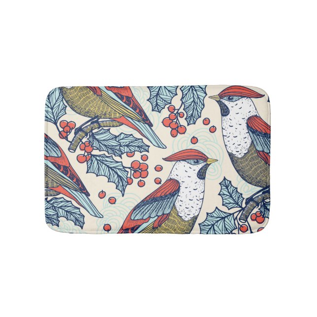 Vintage Waxwings Holly Christmas Pattern Bath Mat (Front)