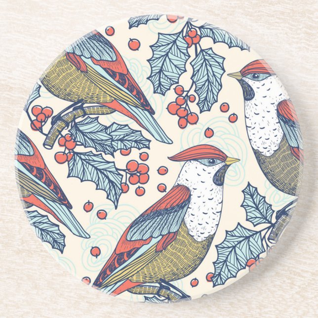 Vintage Waxwings Holly Christmas Pattern Coaster (Front)