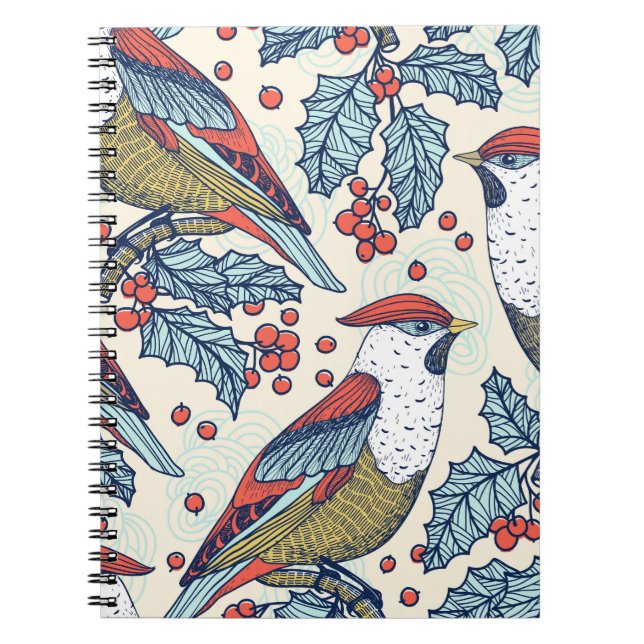 Vintage Waxwings Holly Christmas Pattern Notebook (Front)