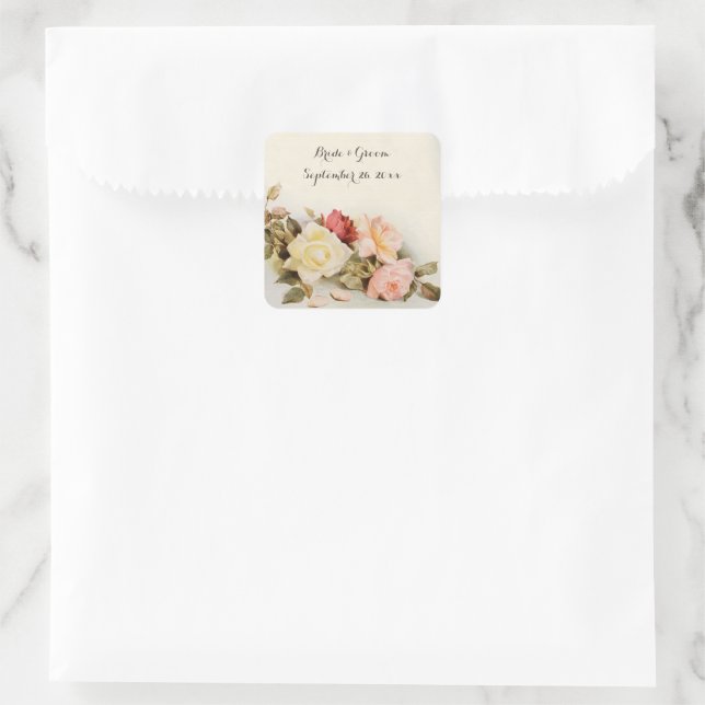 Vintage Wedding Antique Garden Rose Flowers Square Sticker (Bag)