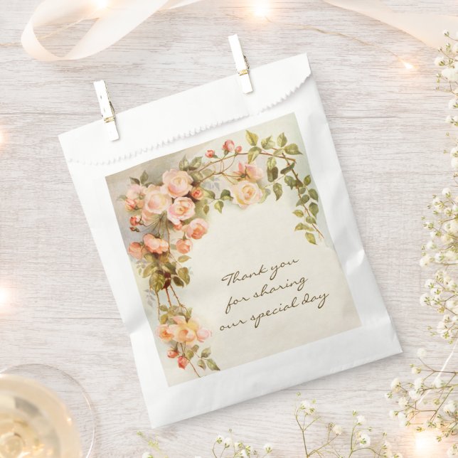 Vintage Wedding Antique Pink Rose Flower Favour Bag (Clipped)