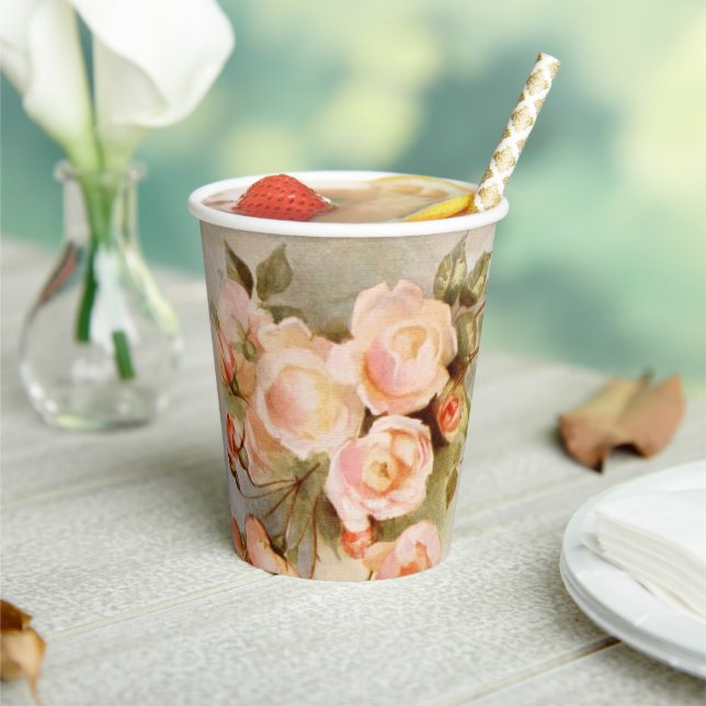Vintage Wedding Antique Pink Rose Flower Paper Cups (Insitu)