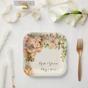 Vintage Wedding Antique Pink Rose Flower Paper Plate