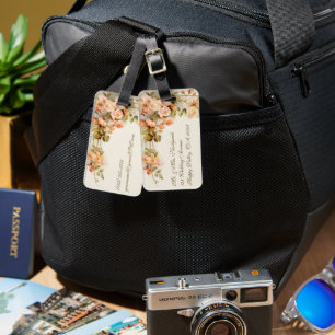 Vintage Wedding, Antique Pink Rose Flowers Floral Luggage Tag