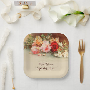 Vintage Wedding, Antique Roses Flowers Still Life Paper Plate