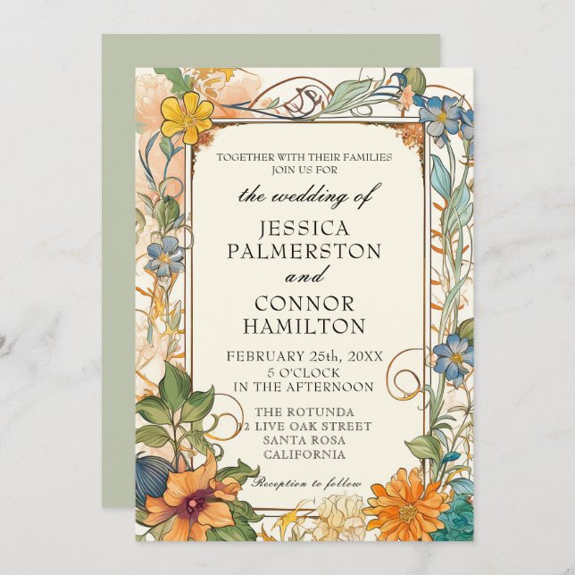 Vintage Wedding Art Nouveau Floral Invitation (Front/Back)