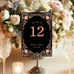 Vintage Wedding Black Pink Elegant Antique Ornate Table Number<br><div class="desc">This black and pink elegant wedding table number, with a vintage air, has a vintage pink frame with baroque faux rose gold decorations on a black background. The names are written in an elegant calligraphic script. All text can be personalised and has a pink colour similar to the rose gold...</div>