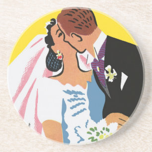 Vintage Wedding, Bride and Groom Newlyweds Kissing Coaster
