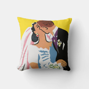 Vintage Wedding, Bride and Groom Newlyweds Kissing Cushion