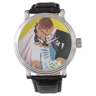 Vintage Wedding, Bride and Groom Newlyweds Kissing Watch