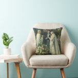 Vintage Wedding, Bride and Groom with Menorah Cushion<br><div class="desc">Vintage illustration love and romance wedding ceremony image featuring a couple getting married in a beautiful synagogue with stained glass windows,  flowers and a seven branch menorah. The bride is wearing a long white wedding gown and the groom is handsome in his tuxedo.</div>