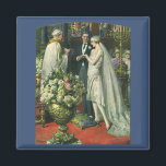 Vintage Wedding, Bride and Groom with Menorah Magnet<br><div class="desc">Vintage illustration love and romance wedding ceremony image featuring a couple getting married in a beautiful synagogue with stained glass windows,  flowers and a seven branch menorah. The bride is wearing a long white wedding gown and the groom is handsome in his tuxedo.</div>