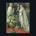 Vintage Wedding, Bride and Groom with Menorah Postcard<br><div class="desc">Vintage illustration love and romance wedding ceremony image featuring a couple getting married in a beautiful synagogue with stained glass windows,  flowers and a seven branch menorah. The bride is wearing a long white wedding gown and the groom is handsome in his tuxedo.</div>