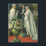 Vintage Wedding, Bride and Groom with Menorah Postcard<br><div class="desc">Vintage illustration love and romance wedding ceremony image featuring a couple getting married in a beautiful synagogue with stained glass windows,  flowers and a seven branch menorah. The bride is wearing a long white wedding gown and the groom is handsome in his tuxedo.</div>