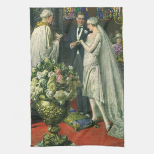 Vintage Wedding, Bride and Groom with Menorah Tea Towel