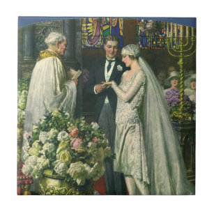 Vintage Wedding, Bride and Groom with Menorah Tile