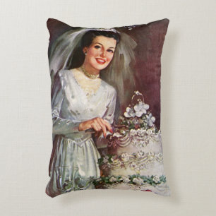 Vintage Wedding, Bride Cutting the Wedding Cake Decorative Cushion