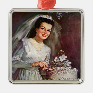 Vintage Wedding, Bride Cutting the Wedding Cake Metal Ornament