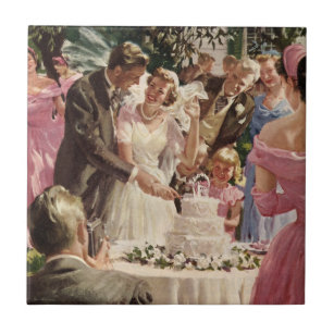 Vintage Wedding Bride Groom Newlyweds Cut the Cake Ceramic Tile