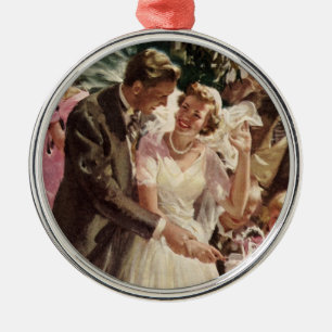 Vintage Wedding Bride Groom Newlyweds Cut the Cake Metal Ornament
