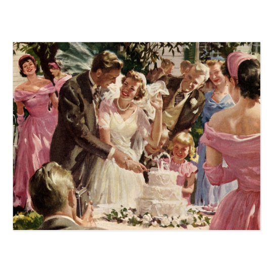 Vintage Wedding Bride Groom Newlyweds Cut the Cake Postcard