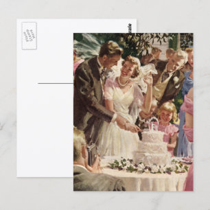 Vintage Wedding Bride Groom Newlyweds Cut the Cake Postcard