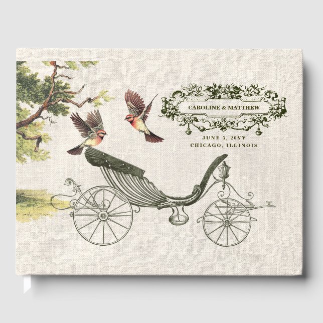Vintage Wedding Carriage Burlap Texture Wedding Guest Book (Front)
