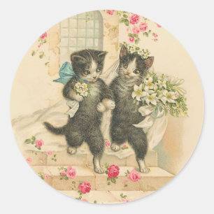 Vintage Wedding Cat Couple Soft Gold Background Classic Round Sticker