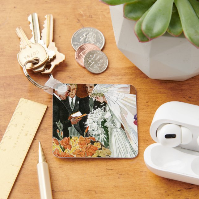 Vintage Wedding Ceremony, Bride Groom Newlyweds Key Ring (Desk)