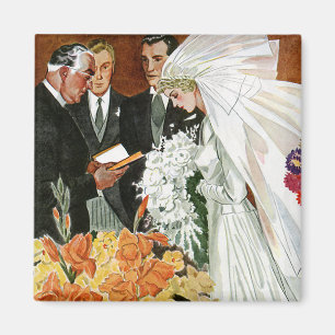 Vintage Wedding Ceremony, Bride Groom Newlyweds Magnet