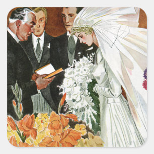 Vintage Wedding Ceremony, Bride Groom Newlyweds Square Sticker