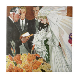 Vintage Wedding Ceremony with Bride and Groom Ceramic Tile