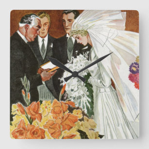 Vintage Wedding Ceremony with Bride and Groom Square Wall Clock